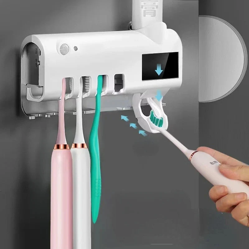 Multifunctional Induction Toothbrush Holder Intelligent UV Toothbrush Sterilizer Automatic Toothpaste Squeezing Hole Free Wall Mounted Toothbrush Storage Box