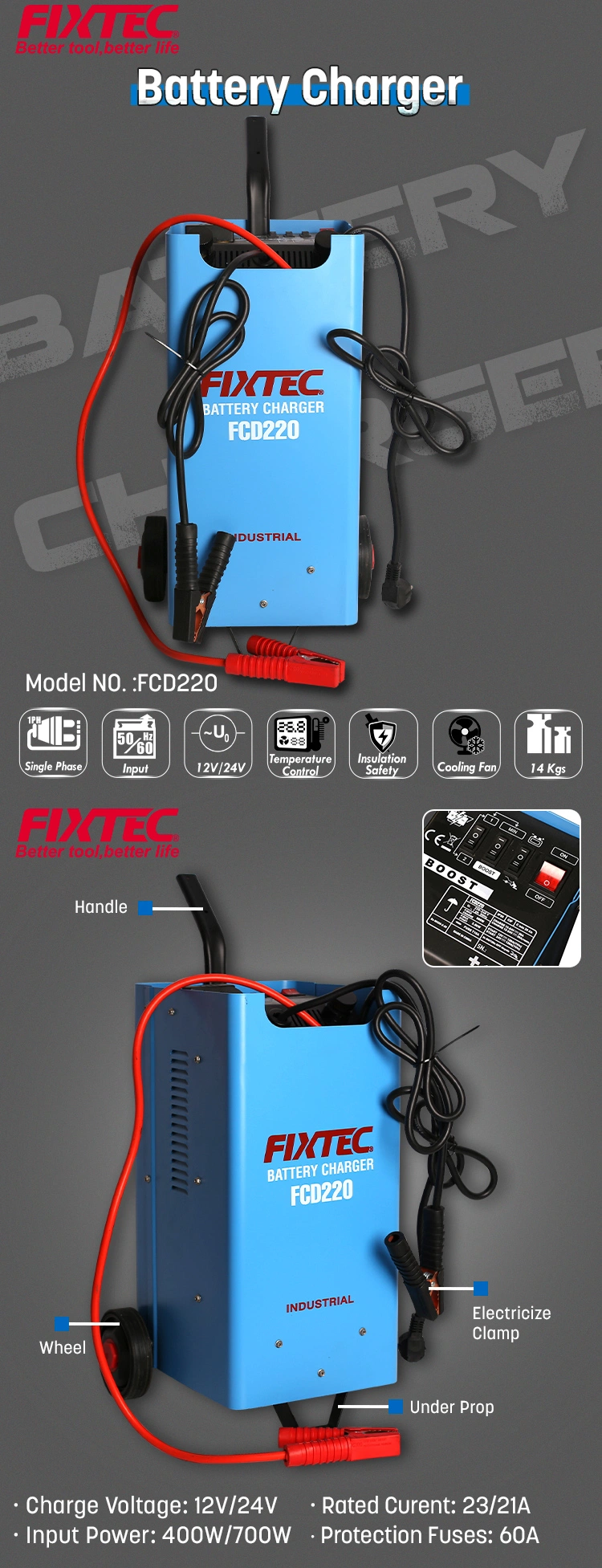 Fixtec 220-240V 50Hz Portable Battery Charger Electric Car Battery Charger for Electric Vehicle