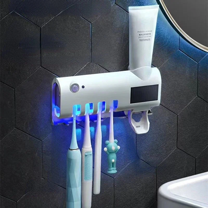 Multifunctional Induction Toothbrush Holder Intelligent UV Toothbrush Sterilizer Automatic Toothpaste Squeezing Hole Free Wall Mounted Toothbrush Storage Box