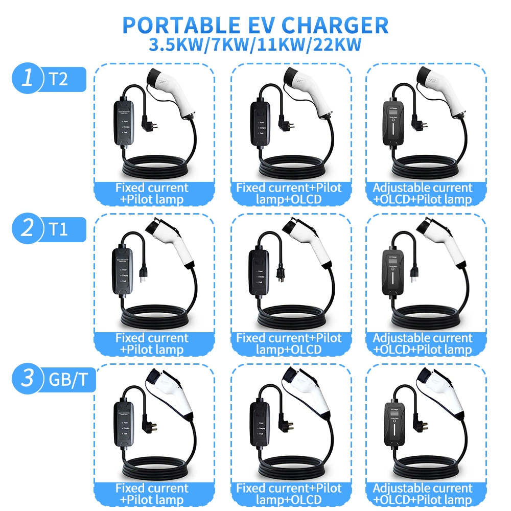 Type 2 Electric Vehicles Adjustable Current 8A 10A 13A 16A IEC 62196 Portable EV Charger