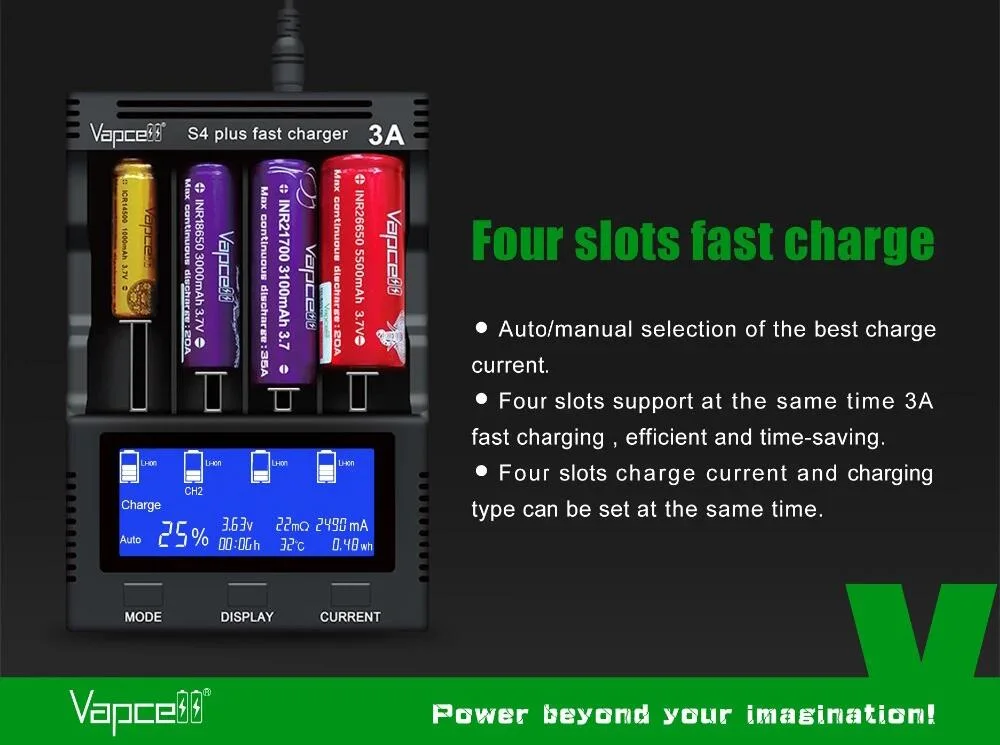 Cost-Effective Vapcell S4 Plus V3.0 Battery Charger with Storage Mode Capacity Test, Repair Function for for Li-ion and Ni-MH