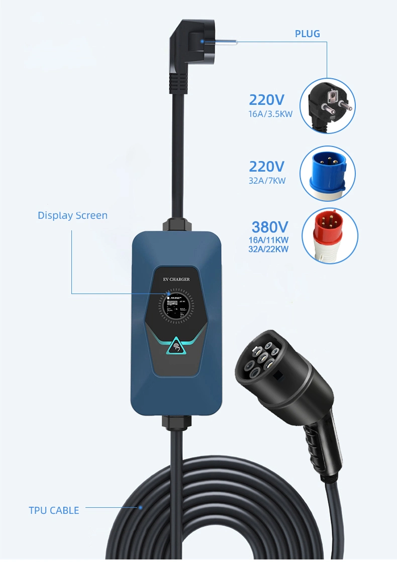 Type 2 Single Phase Three Phase Home Electric Vehicle Charging Station 3.5kw 7kw 11kw 22kw Portable EV Car Charger