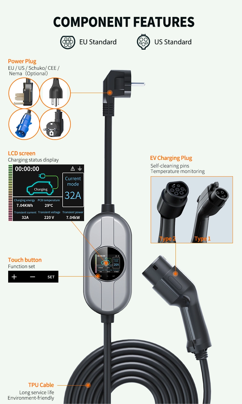 Electric Vehicle Charger Type 2 7kw Portable Electric Car Charger