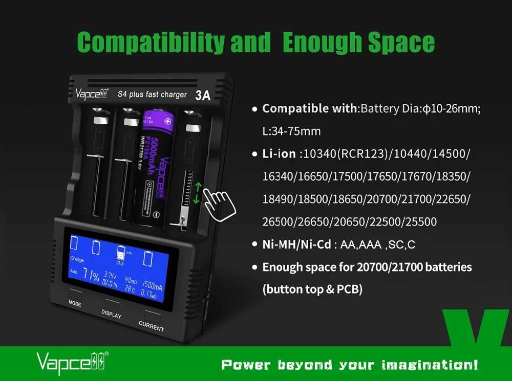 Cost-Effective Vapcell S4 Plus V3.0 Battery Charger with Storage Mode Capacity Test, Repair Function for for Li-ion and Ni-MH