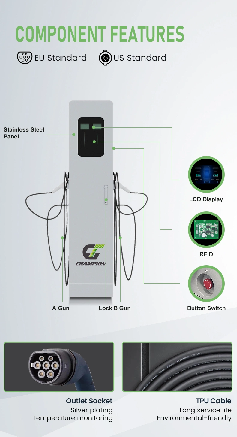 2024 Hot Sales AC EV Charger IP65 Ocpp CE Floor Charging Station 400V 32A 22kw 44kw Commercial Public EV Charger with Dual Plugs