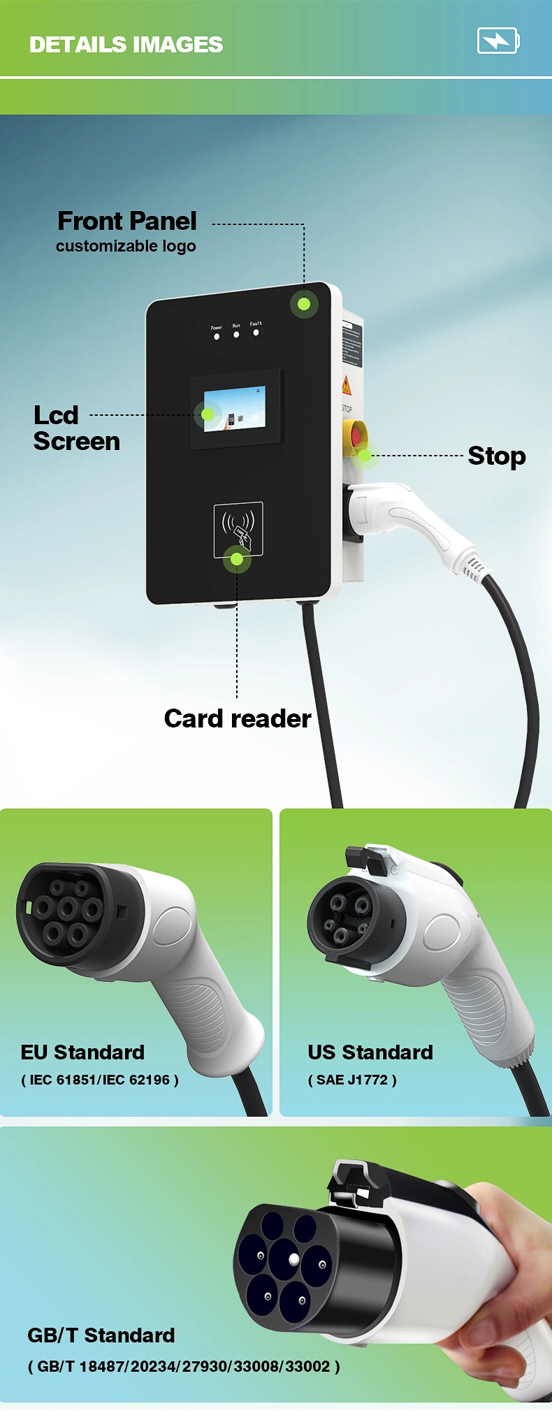 AC Fast 11kw Electric Vehicle Charging Station Wall-Mount EV Charger