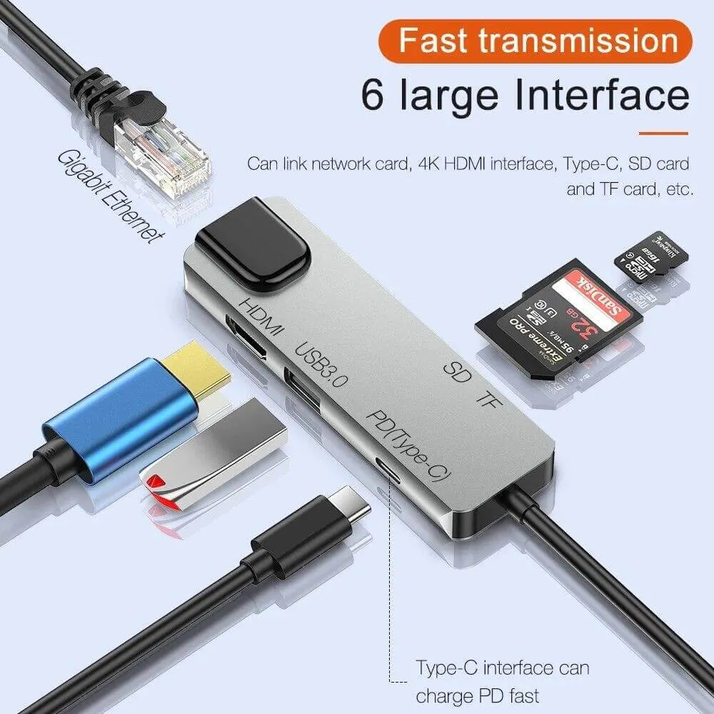 6-in-1 Type C Hub Adapter and Docking Station for MacBook/Microsoft Laptops