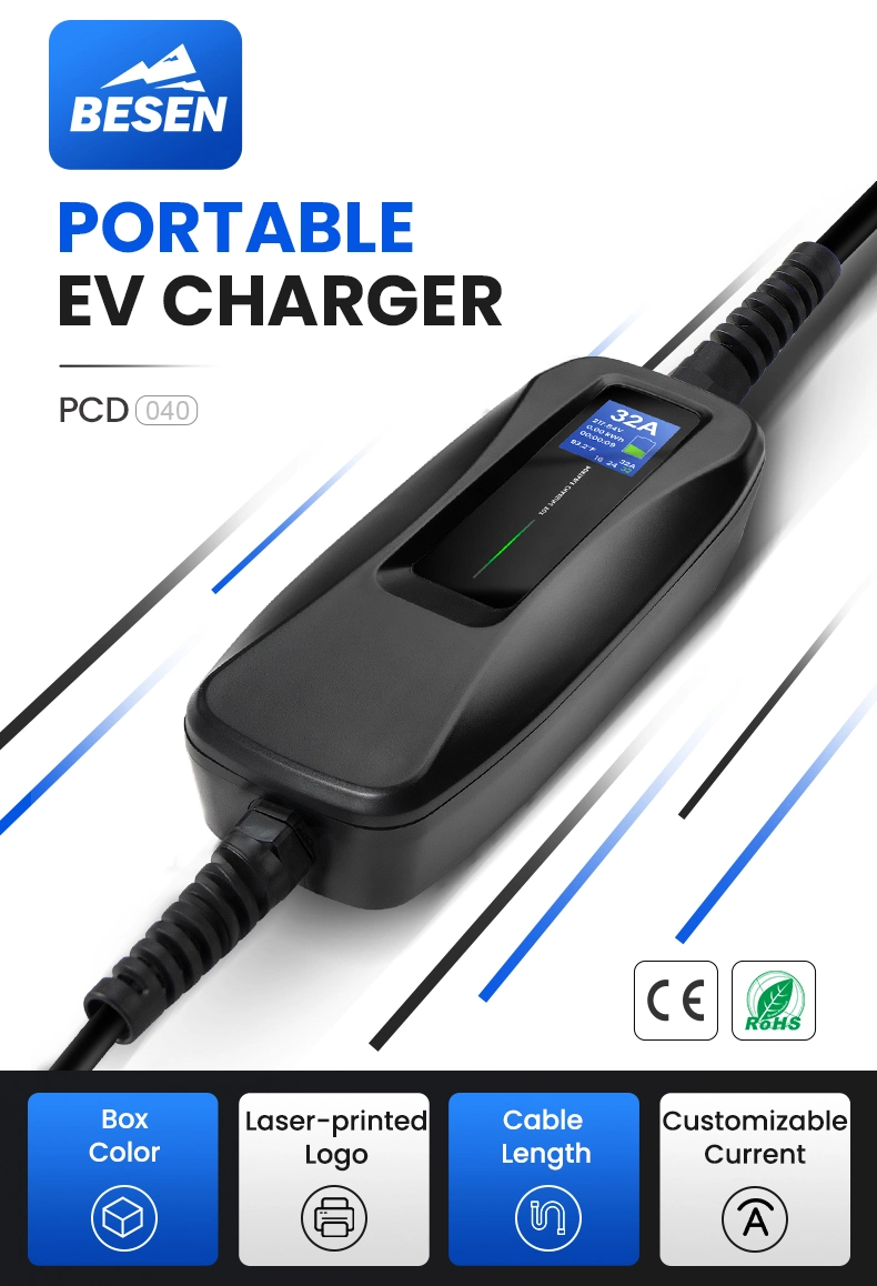 Besen Max 40A 8.8kw Type 1 Portable EV Charger IP66 SAE J1772 Us Standard Mode 2 Smart High Power Single Phase Electric Vehicles Charger