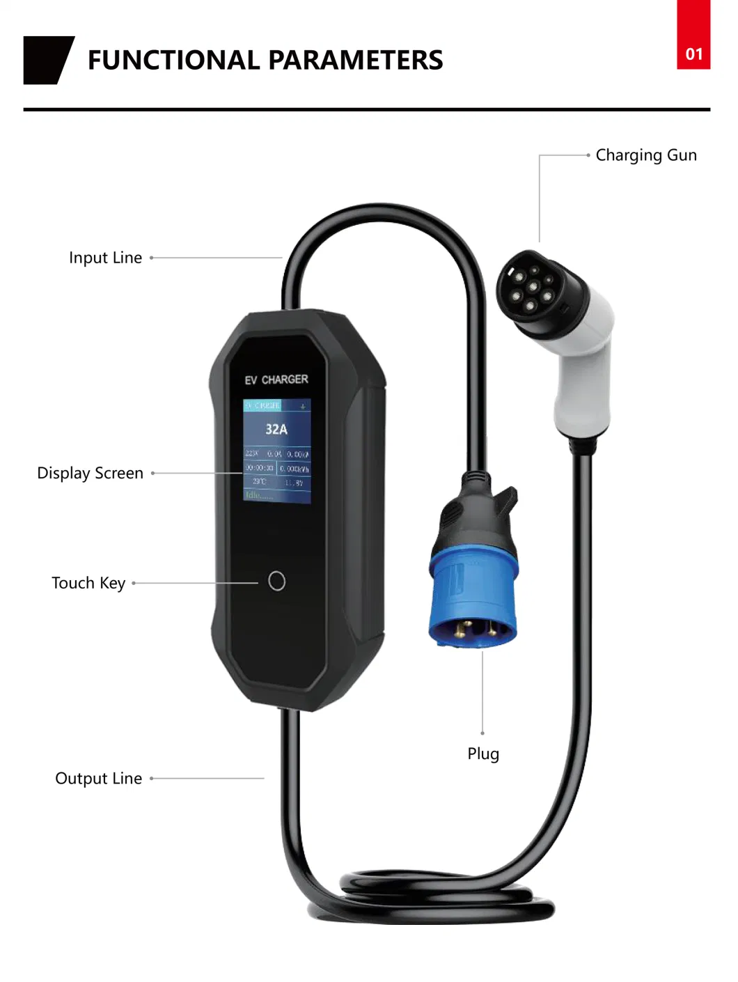 Ee S&T European Standard Home Use AC Fast Electric Vehicle Charging Station 32A 7.2kw Portable EV Charger in Black Color