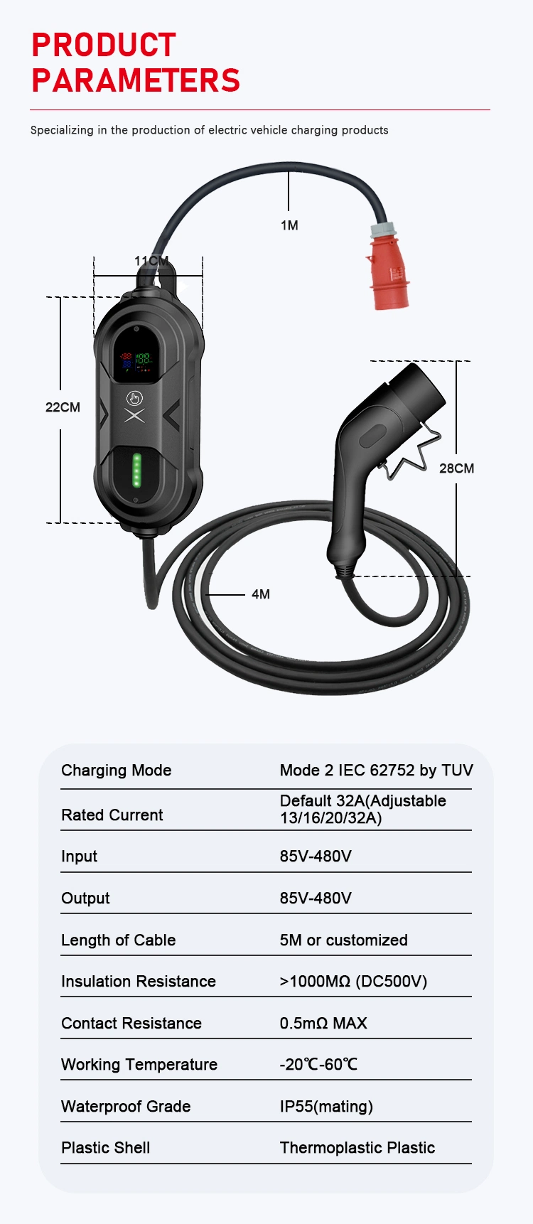 New Design 32A 3 Phase 415V Portable EV Charger with Control Box